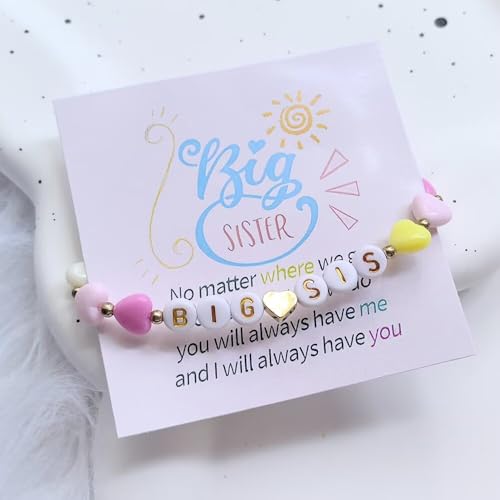 Image of Big Sister Gifts For Little, Pastel Rainbow Heart Rainbow Ball Big Little Sister Bracelet Announcement, Birthday Jewelry