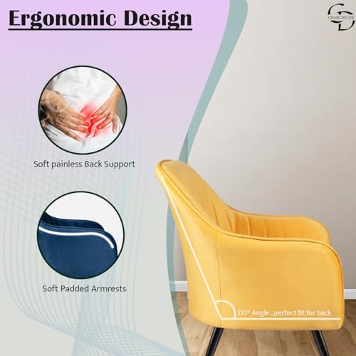 Image of Velvet Accent Chair | Luxury Upholstered Armchair with Sturdy Metal Legs | Modern Comfortable Chair for Living Room, Bedroom, Office, or Cafe (Black Legs, Yellow)