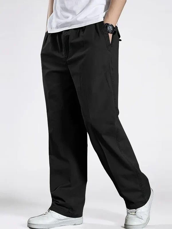 Image of Men's Pure Cotton Cargo Pants | Regular Fit Multi-Pocket Casual Trousers for Men | Solid Black Utility Cargo Bottom Wear | Comfortable Everyday Wear Pant