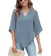 Micoson Womens 3/4 Sleeve Chiffon Blouses V Neck Double Layers Mesh Shirts Dressy Flowy Tunic Tops