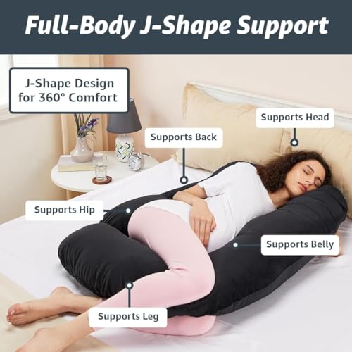 Image of Amazon Basics Full Body Pregnancy Pillow for Maternity,Baby Nursing,Full Body Support-|Perfect Baby Shower Gift|J-Shaped-Washable Cover with Zip - Black, Velvet