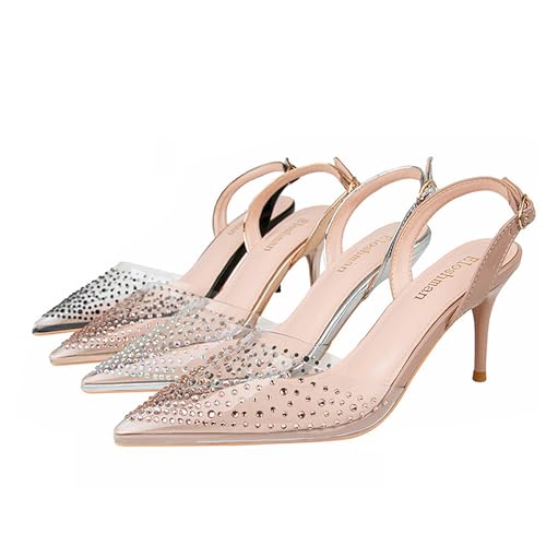 Women's Crystal Studded Stiletto Heels Transparent Mule Pumps Sexy Closed Pointed Simple Wedding High Heels Non-slip Slip-On Formal Shoes3