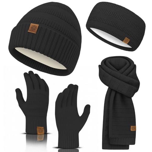 Winter Beanie Hat Scarf Gloves Headband Set – Knit Beanie, Warm Scarf, Touchscreen Gloves & Ear Warmer, Cozy Gift for Women & Men