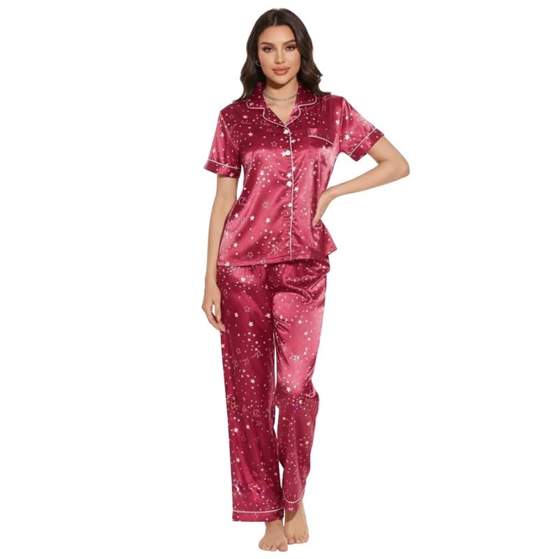 Image of Night Suit for Women with Full Sleeve Button-Down Top with Pant Dress for Woman, Night Dress for Woman, Cotton Two-Piece Loungewear Set