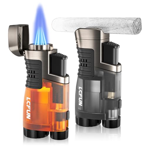 Butane Torch Lighter 2 Pack, Triple Jet Flame Lighter Gas Refillable, Windproof Lighter with Holder and Punch, Gifts for Him Men, Without Gas Fuel (Black and Orange) by LcFun - Used condition - CA$21.67