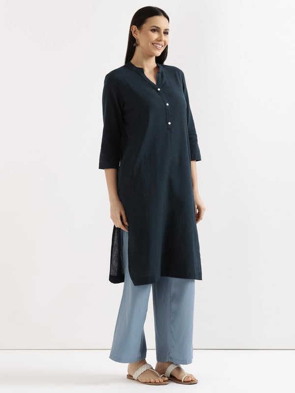 Image of SAADAA Women's Linen Straight Fit Straight Long Kurta Airy Plain Kurta, 3 /4 Sleeve, Knee Length Kurtis with Pockets, Casual and Office Wear