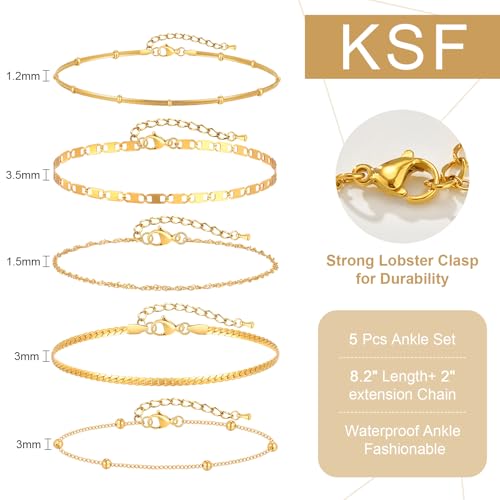 Image of KSF Gold Anklets for Women Waterproof - 18k Gold Plated Ankle Bracelets for Women, 5PCS Anklet Set Cuban Herringbone Figaro Link Chain Anklets for Women Summer Beach Jewelry Gift Adjustable Size