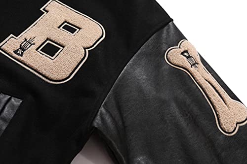 Babyhealthy FBAZW-FQ21161-BLACK-M Men'S Varsity Baseball Jacket Stitched Leather Unisex Streetwear Vintage Letter Print Coats Black thumb #5