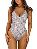 LASLULU Swimsuits for Women 2026 1 Piece Swim Suits Flower Summer Fashion Sexy Backless Padded Bathing Suits High Cut Swimwear Built in Bra(Blue Floral Large)