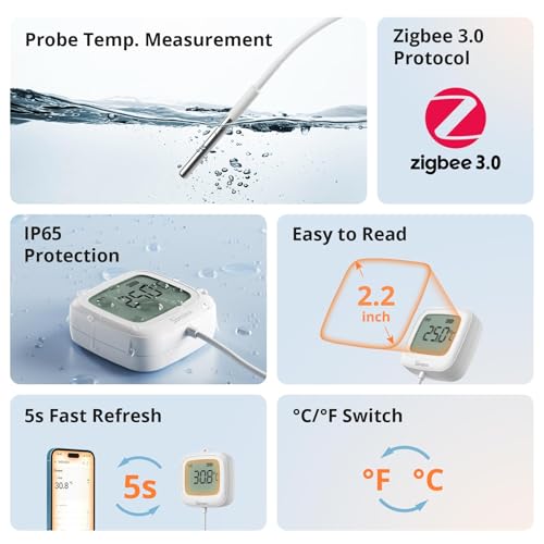 Image of SONOFF SNZB-02LD Zigbee Waterproof Temperature Sensor with 1.5M Stainless Steel Probe, LCD Display, -40~115C Range, APP Monitoring, Magnetic Mount, Works with Zigbee Hub