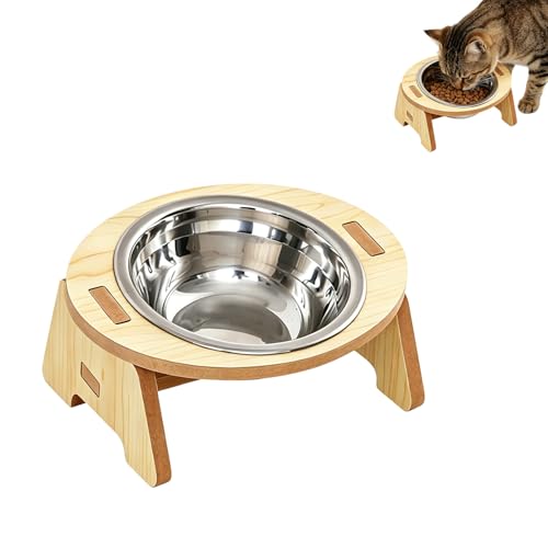 Ciotola per Cani e Gatti Rialzata in Acciaio Inox con Supporto in Legno - Ciotola Singola da 14cm per Cibo e Acqua, Design Ergonomico per Protezione Cervicale Pet, Facile da Pulire