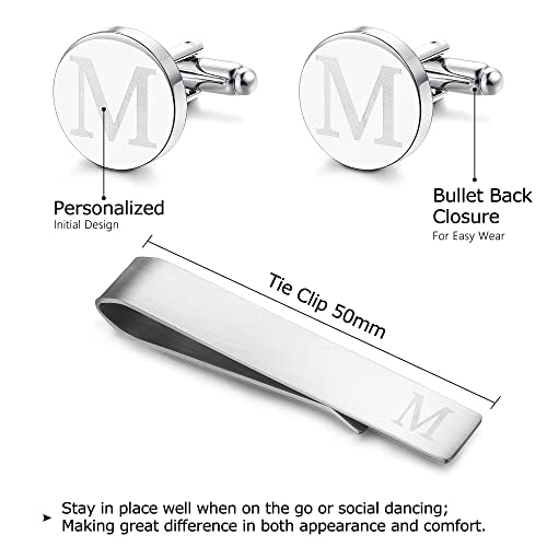 Image of LOYALLOOK Initial Cufflinks and Tie Clip Set for Men Silver Personalized Cuff links and Tie Bar Letter Alphabet A-Z Gift for Father Husband Valentine Gifts for Men