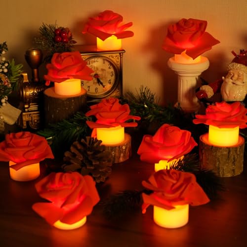 Image of SupBri 12 Pack Flower Led Tea Lights, 200+Hour Battery Operated Candles for Wedding Table Centerpieces, Party Anniversary Christmas (Red)
