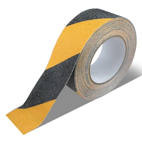 Jiaureshiby 階段 滑り止めテープ 5cm×10m 滑り止め ザラザラ 滑り止めシール 強力 安全対策 転倒防止 浴室 床 防滑テープ すべりどめ テープ 事故防止 粘着 ノンスリップテープ 滑り止めシート 耐水 厚手 鉱物粒子 貼るだけ簡単 防水 階段 屋外 屋内 バスルーム 倉庫 玄関 区切り (イエローとブラック)
