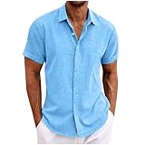 Chemise à Manches Courte en Coton Lin pour Homme Col V Chemises Lin Vintage Médiévale Chemises de Plage Hommes avec Bouton Coton Lin Henley Chemise T-Shirts Top Chemise de Plage Vacances