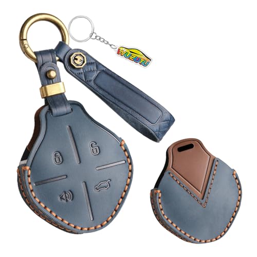 WUZUTU Cowhide Leather Shell Car Key Fob Case Cover Compatible with Chery Jetour Dashing X-1 Plus DTC IDM 2022 2023 2024 2025 2026 Car Accessories Key Protector Keychain Keyring 4 Buttons-Blue