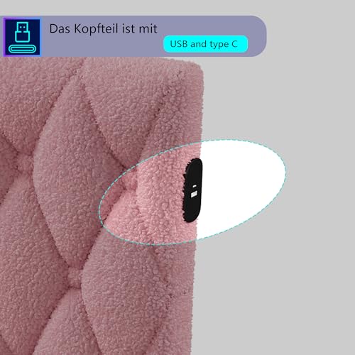 Tagesbett 140x200 mit LED und USB, Polsterbett mit Lattenrost, Schlafsofa 140x200, Jugendbett Einzelbett, Teddy Velvet, Ohne Matratze (Rosa) – Bild 7