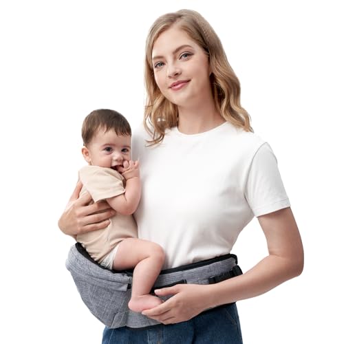 Portabebés Momcozy - Cinturón Ajustable con Protector de Vientre 3D Original, Portabebés Ergonómico con Varios Bolsillos para Recién Nacidos y Niños Pequeños hasta 45lbs (Gris, Mediano)