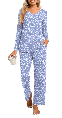 syoss Womens Pajamas Set 2 Piece Fall Long Sleeve Lounge Sleepwear Ladies Pjs Sets with Pockets L, Spotted Blue