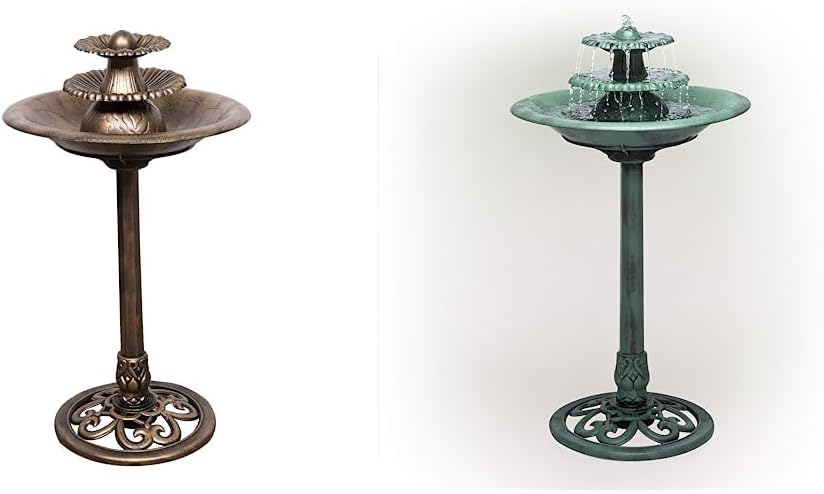 Alpine Corporation TEC106-BZ Alpine Floor Fountain, 35", Bronze & 35" Tall Outdoor 3-Tiered Pedestal Water Fountain and Birdbath, Green