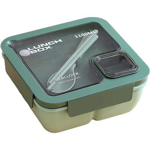 弁当箱 1段 お弁当箱 女性 便当盒 おべんとう箱 Lunch box お箸とスプーン付き 850ml/1100ml ランチボックス レンジ 食洗器対応 汁漏れ防止 冷凍可能 軽量 手作り大容量べんとう箱 男子 女子 学生 食器を付き 通勤 通学 (グリー