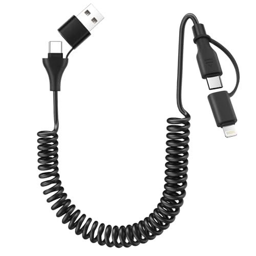 aceyoon Câble Multi USB Spirale, 4 en 1 Câble Universel USB + 2 USB C + Lighting, Câble Chargeur Multi Embout Compatible avec iPhone15, Galaxy 23 22, pour...