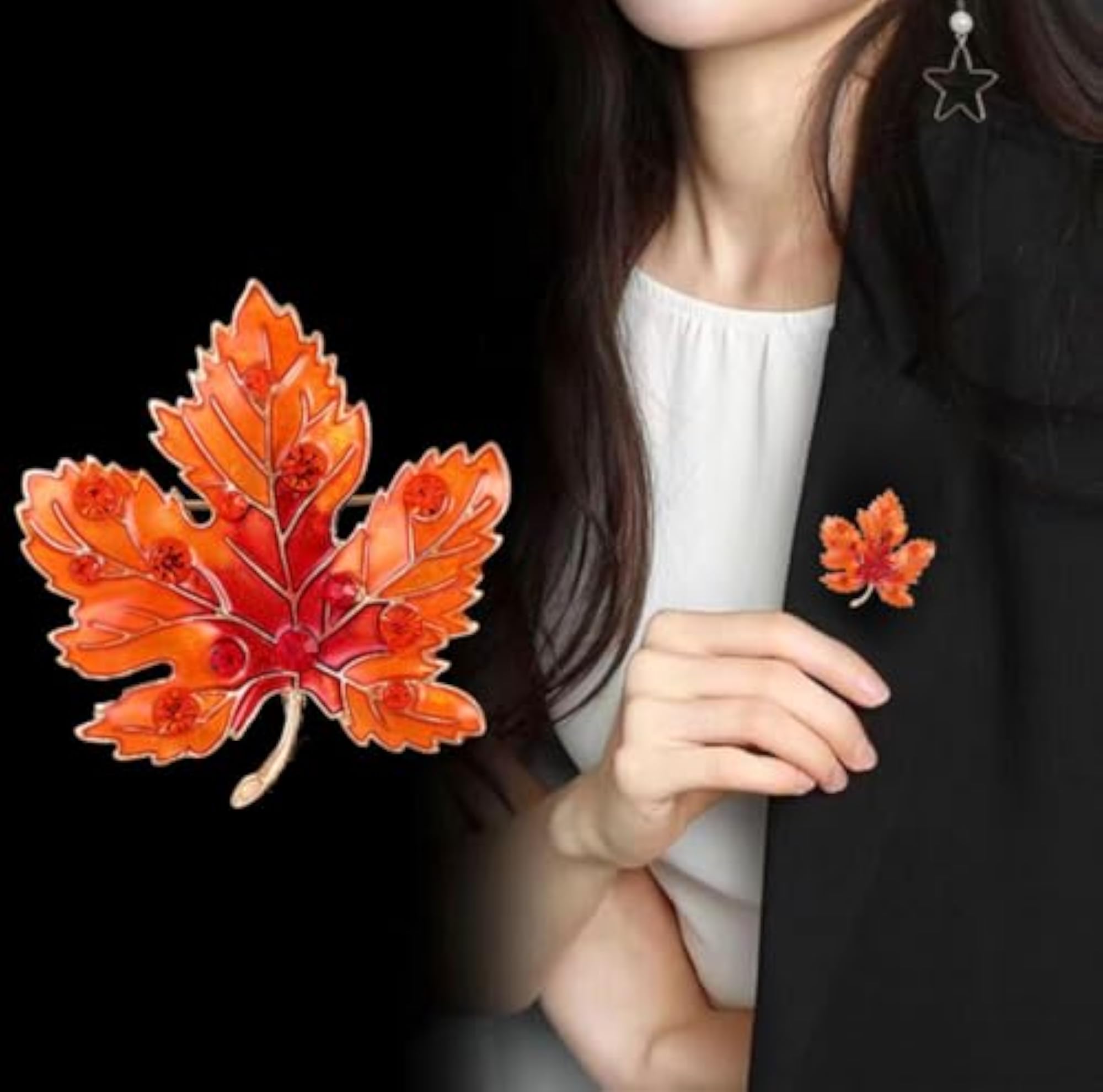 Autumn Maple Leaf Brooch Pin, Orange Red Enamel with Crystal Rhinestones