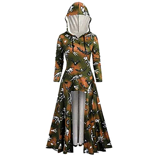 JURTEE Fashion Women Medieval Floral Printing Party Dress Asymmetric Hem Lace-Up Long Sleeve Dress Hooded(L,Orange)