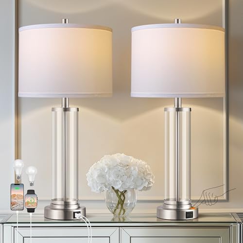 QiMH Touch Control Table Lamps Set of 2 with USB A+C Ports, 3-Way Dimmable Bedside Lamp for Living Room Bedroom House, Modern Nightstand Lamp with 2 LED Bulbs
