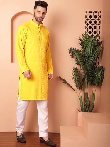 Image of Jompers Men's Yellow Embroidered and Sequence Kurta with Pyjama (Yellow, S)
