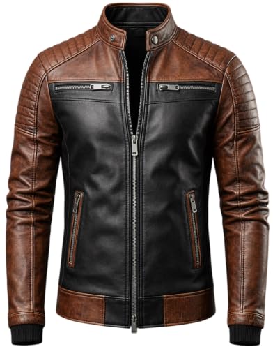 Blouson cuir bicolore homme avec épaules matelassées et col bomber
