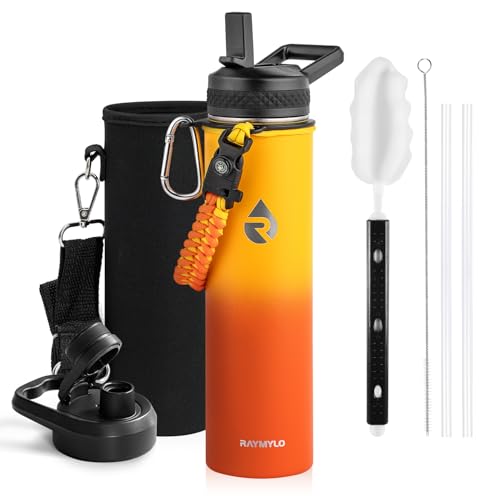 Image of RAYMYLO Insulated Water Bottle 24 oz, Triple Wall Vacuum Stainless Steel (Cold for 24Hrs, Hot for 12Hrs), Leak Proof & Non-BPA, Modern Water Flask Jug with Paracord Handle & Straw Spout Lids