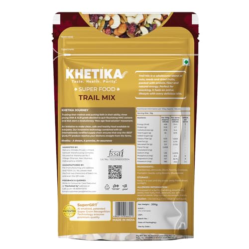 Image of Khetika Trail Mix 200g | 7 Superfood in 1 Mix | Dry Fruits & Seeds Mixed pack, Energy Power Pack Contains Almonds, Cashews, Cranberries,Black Raisins, Long Raisins, Pumpkin Seed, Blueberries