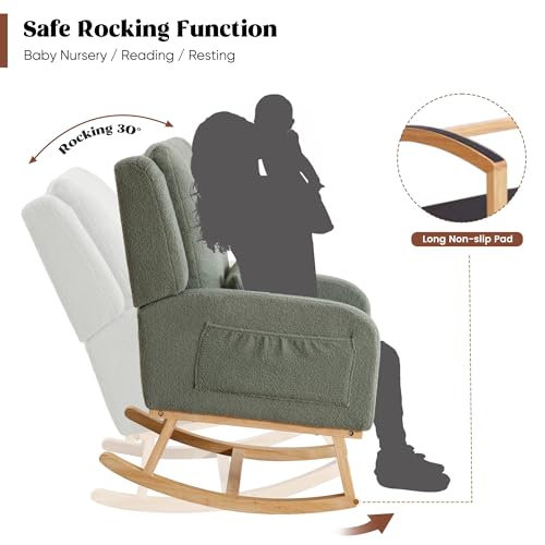 Image of HCHAIRH Rocking Chair Nursery, Teddy Nursing Rocking Chairs, Upholstered Nursery Glider Rocker for Mom Nursery Morden Accent Rocking Chair with Lumbar Pillow for Living Room,Bedroom, Green
