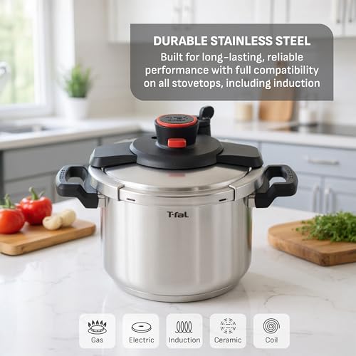 Image of T-fal Clipso Stainless Steel Pressure Cooker, 6.3 Quart, Recipe Book, Steam Basket, Easy-Open Lid, Secure Locking System, Adjustable Pressure Valve, Induction Cookware, Pots and Pans, Kitchen, Silver