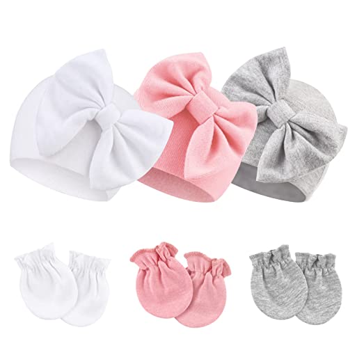 Image of BQUBO Newborn Baby Girls Hats Mittens Set Hospital Hat Beanie Infant Bow Hats Baby Cotton No Scratch Gloves for 0-6 Months