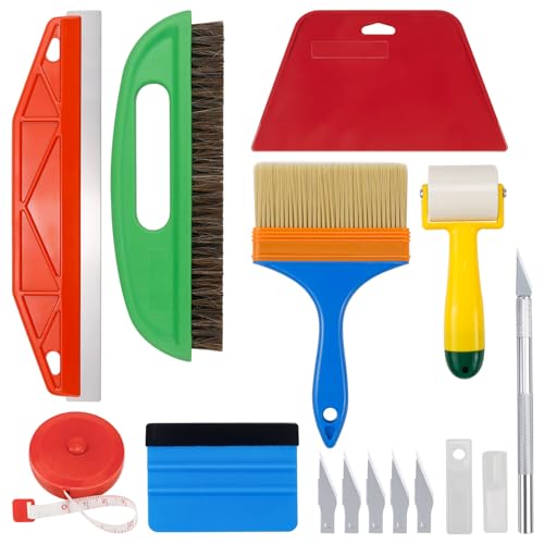 Mumjooyi Kit de Herramientas para Papel Pintado Kit Vinilo Herramientas de Película con Espátula con Fieltro Cepillos Guantes y Bisturi con 5 cuchillas para Todo Tipo de Papel Pintado
