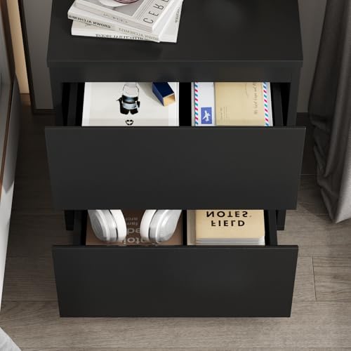 Image of Nightstand with 2 Drawers, Modern Bedroom End Table with No Handle, Wooden Bedside Storage Cabinet, Black 15.7 inch W x 18.9 inch H