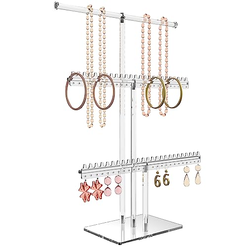 Premium Jewelry Stand, Earring Holder, Necklace Holder Stand, Clear 3-Tier Acrylic Large Storage Jewelry Organizer Stand & Bracelet/Bangles Stand, 48 Earring Holes Display Stands