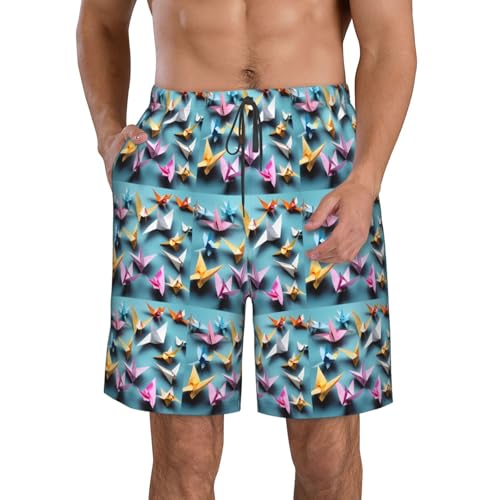 Origami Paper Cranes Print Stylish Beach Shorts Swim Trunks Lightweight Breathable Summer Outdoor Activities