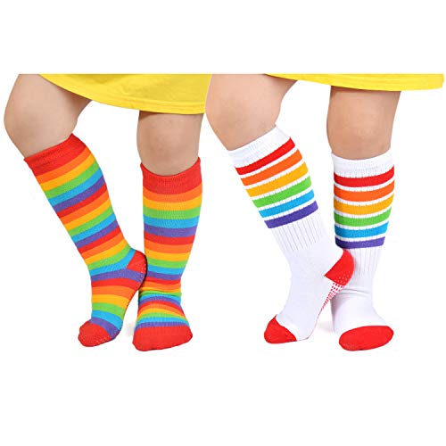 Image of Epeius Baby Girl Rainbow Striped Knee High Socks Non-Skid Uniform Tube Stockings for Infant,Toddler and Child