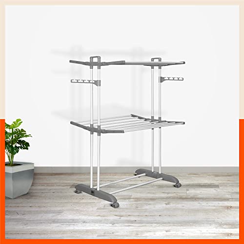 Image of Bathla 2 Level Modular Cloth Drying Stand with Wheels - Rustproof Portable Steel Laundry Rack (Grey - Medium) - Clothes Dryer for Balcony, Indoor & Outdoor Use