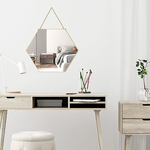 LONGWIN Hanging Wall Hexagon Mirror Decor Gold Geometric Mirror with Chain for Bathroom Bedroom Living Room 11.8"x 10.2" - Image 4