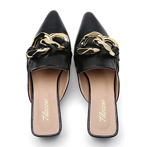 Tilocow Metal Chain Decor Mules Heels for Women, Pointed Closed Toe Sandals, Women Chunky Stacked Heel Mules, Comfortable Slip-On Sandals3