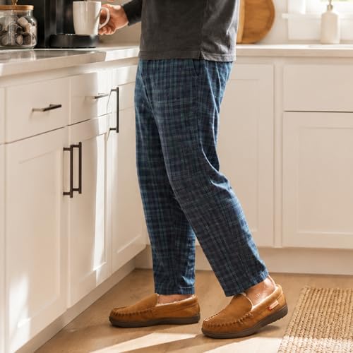 Image of Alpine Swiss Men's Moccasin Slippers Genuine Suede Slip-On House Shoes Memory Foam Insoles Plush Faux Shearling Lining Comfortable Indoor Outdoor Slipper with Anti-Slip Rubber Sole