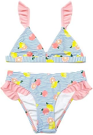 SHEKINI Girls Cute Triangle Ruffles Bikini Hipster Floral Printing Bathing Suits (Pink, 12-14 Years)