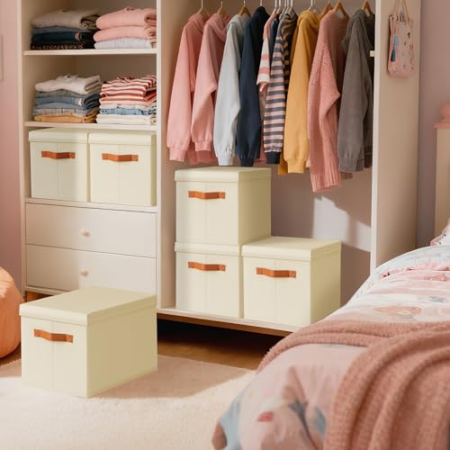 Homsorout 4 Pack Storage Boxes with Lids - Fabric Wardrobe Organiser Storage Bins with Handles, Foldable Baskets for Shelves, Bedroom, Office, Toys, Clothes, Books, Blanket, Sheet, Beige - Image 4