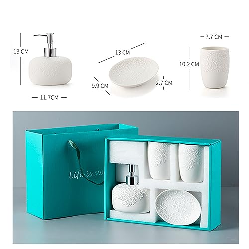 Elegante juego de dispensador de jabón de cerámica blanca, accesorios de baño con soporte para cepillo de dientes, jabonera y taza, perfecto para apartamentos y hoteles, decoración elegante del hogar
