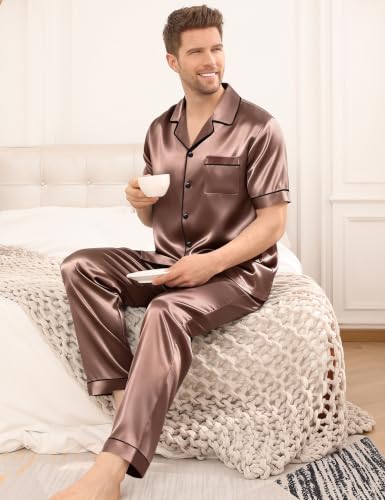 Image of SWOMOG Mens Satin Pajama Set Short Sleeve Classic Sleepwear Button Down Silky Loungewear with Long Pants
