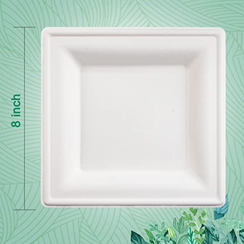 Morejoy 150Pcs Compostable Paper Plates 8Inch, Heavy Duty Biodegradable Paper Plates, Eco Friendly Disposable Square Bagasse Plates, White 8Inch 100% Natural Sugarcane Plates For Party, Bbq, Picnic #TOP1